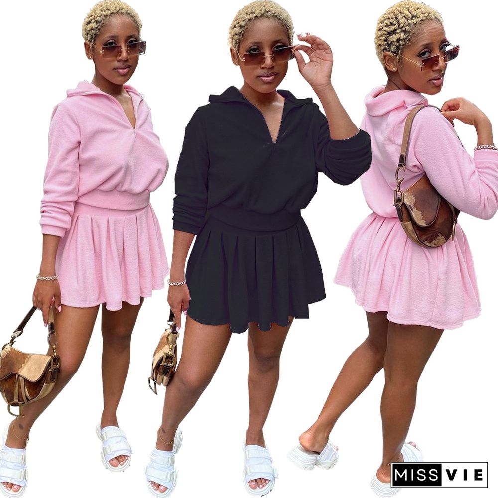 Long Sleeve T Shirt Pleated Tennis Mini Skirts Set