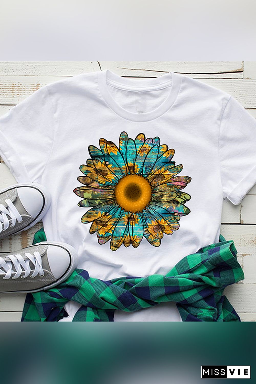 Turqoise Sunflower Print Short Sleeve Graphic Tee Wholesale