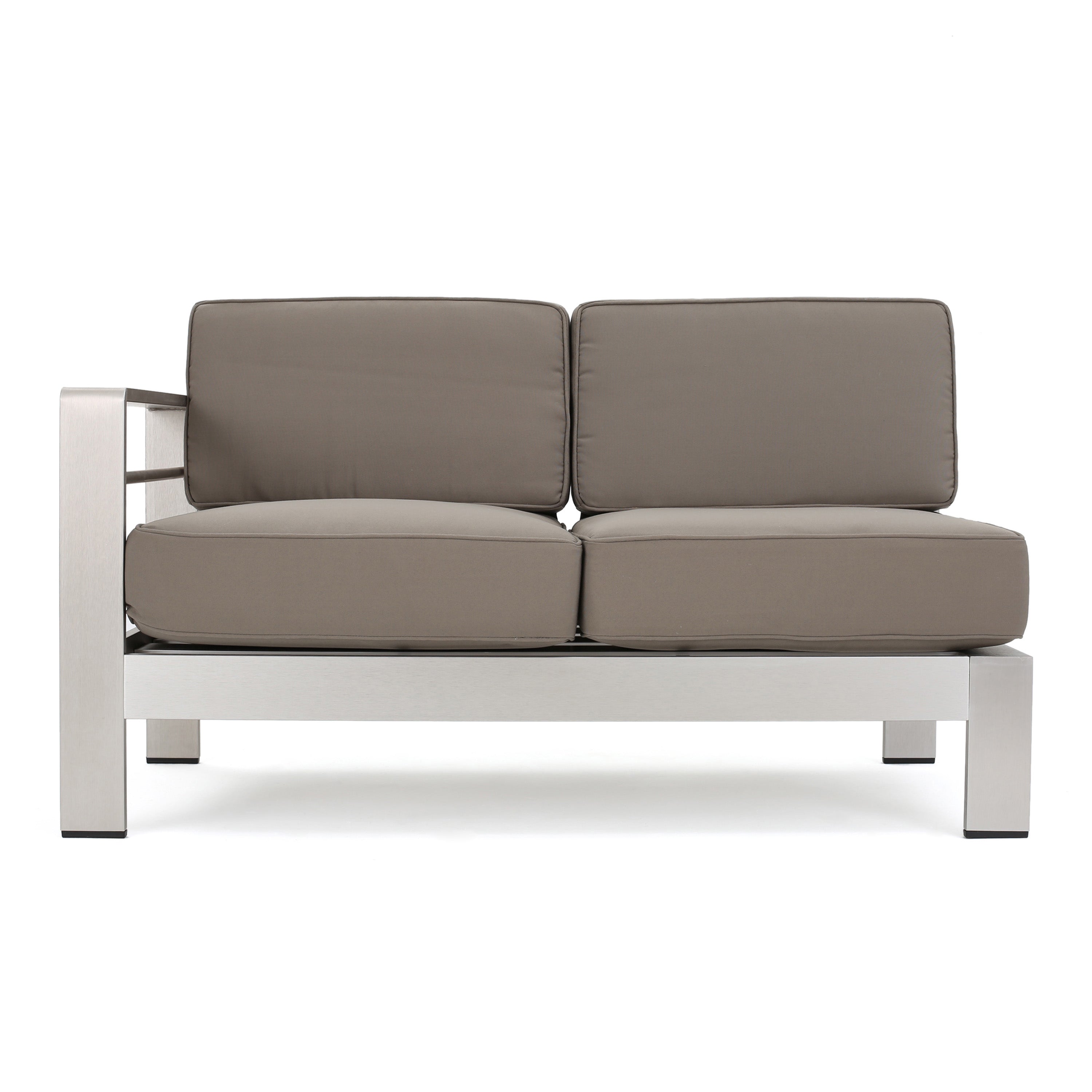 Emily Coral Outdoor Aluminum 5-Seater V-Shape Sectional Sofa Set with Ottoman, Silver and Khaki