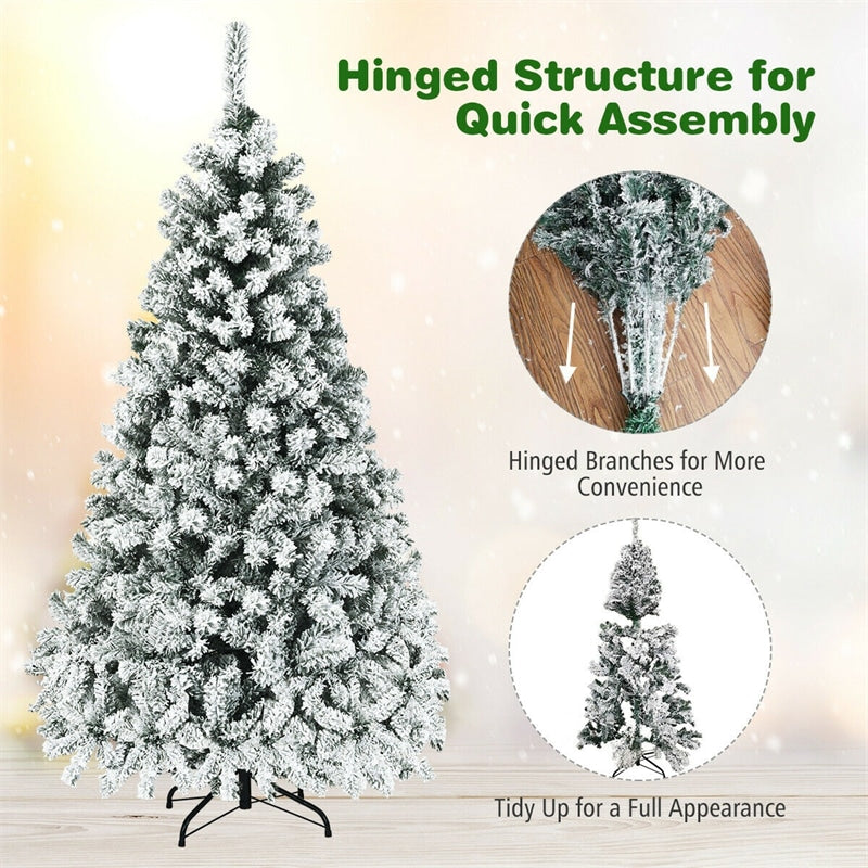 6/7.5/9FT Pre-Lit Hinged Artificial Christmas Tree, Premium PVC Snow Flocked Pine Tree with Metal Stand