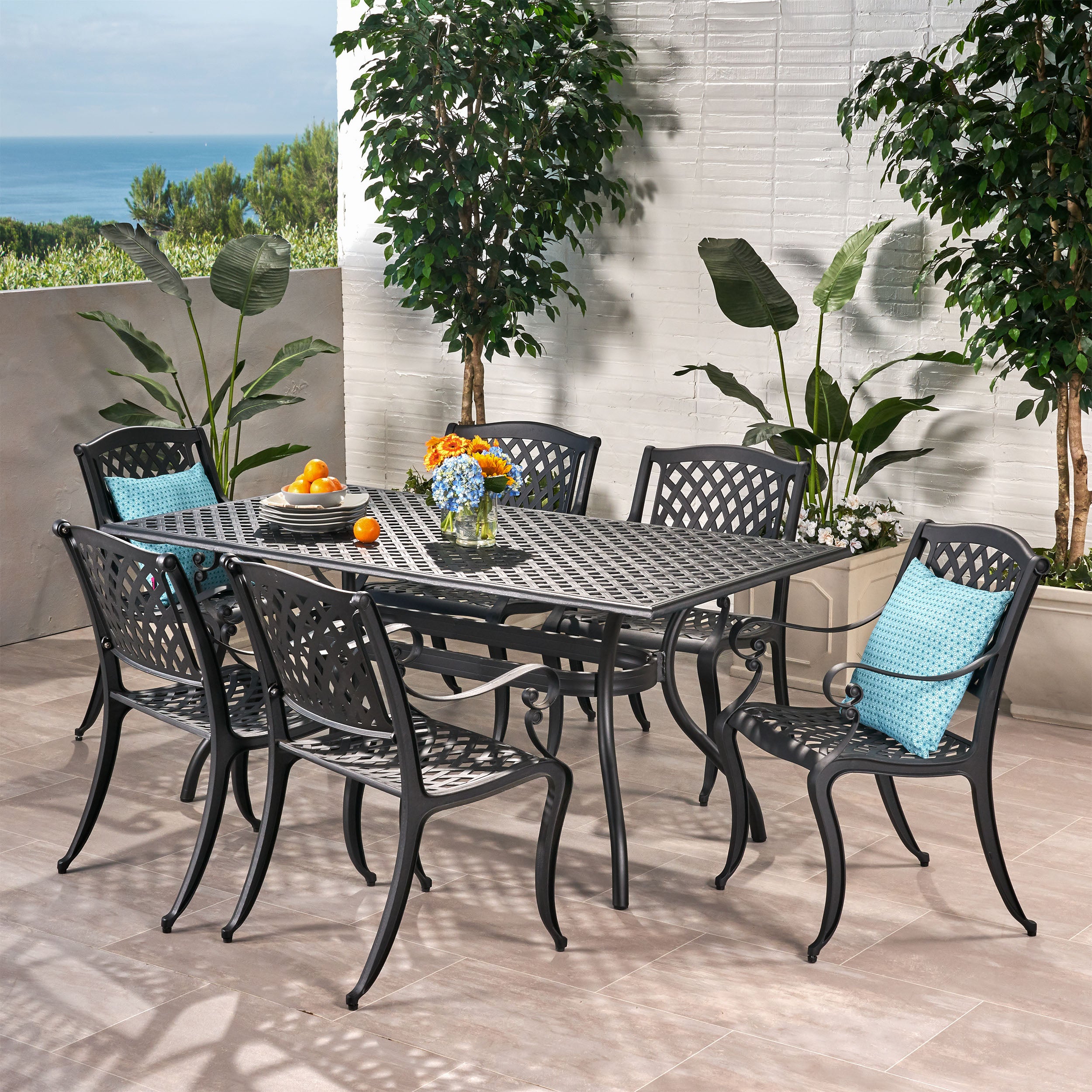 Marietta 7-piece Black Cast Aluminum Outdoor Dining Set