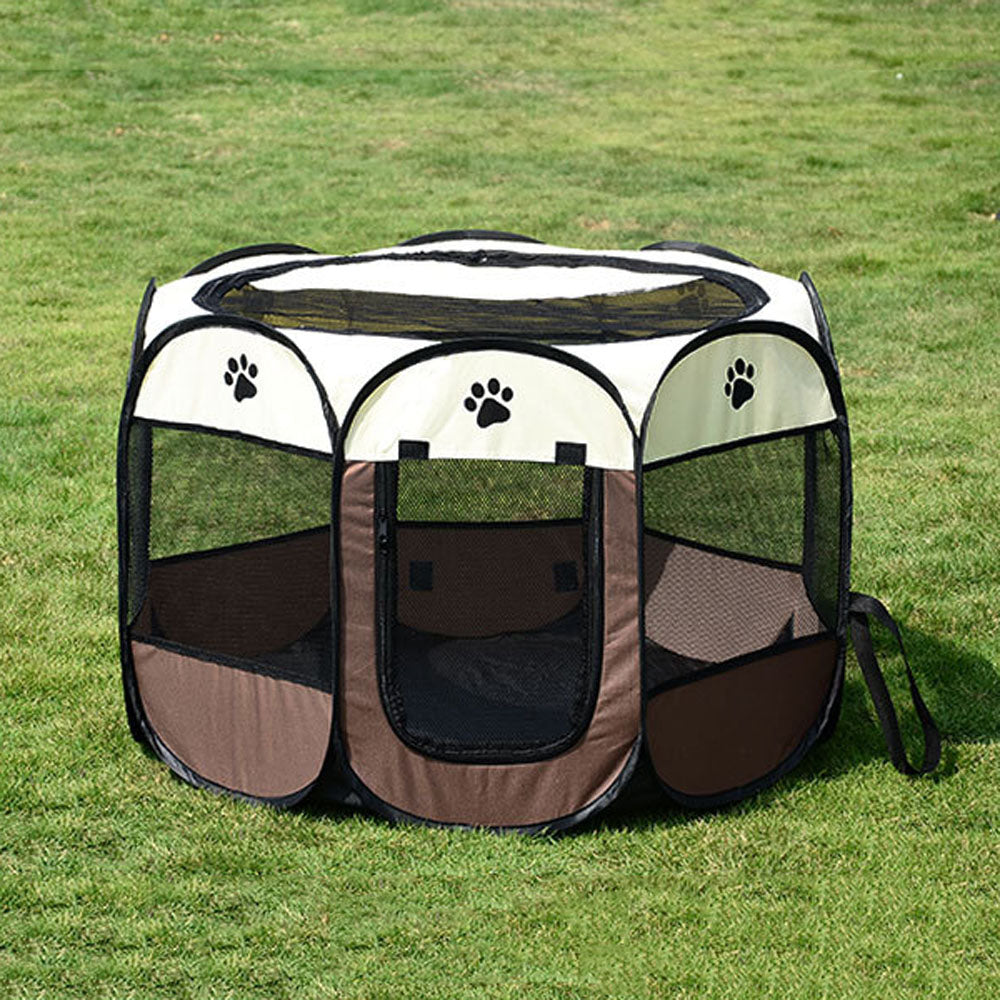 Outdoor Portable Pet Fence Playpen Puppy Kennel Octagonal Cage Cat Dog House Pet Delivery Room Pet Tent COFFEE