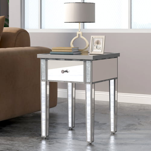 Mirrored End Table, Crystal End Table with 1 Drawer, Mirror Accent Silver Table with Adjustable Height Legs for Living Room