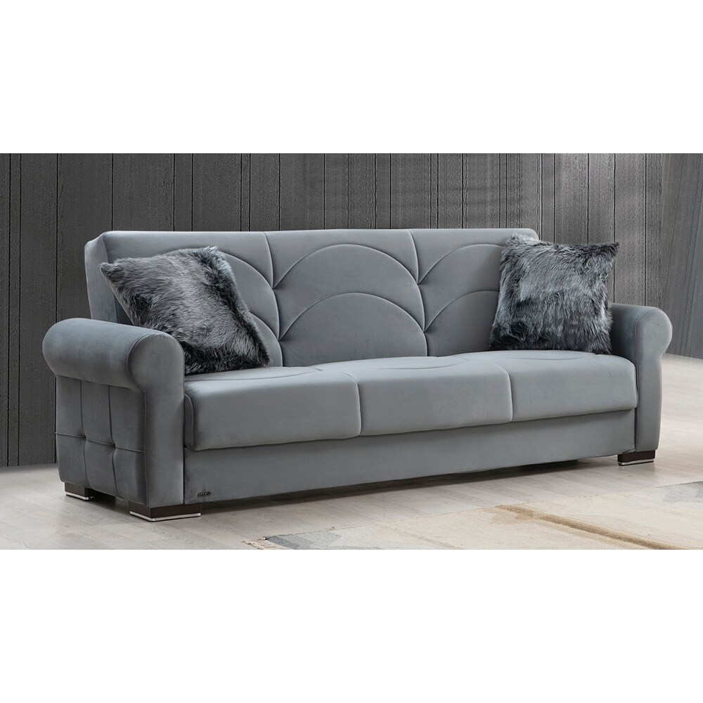 Amarillo Grey Velvet Upholstered Convertible Sleeper Sofa with Storage