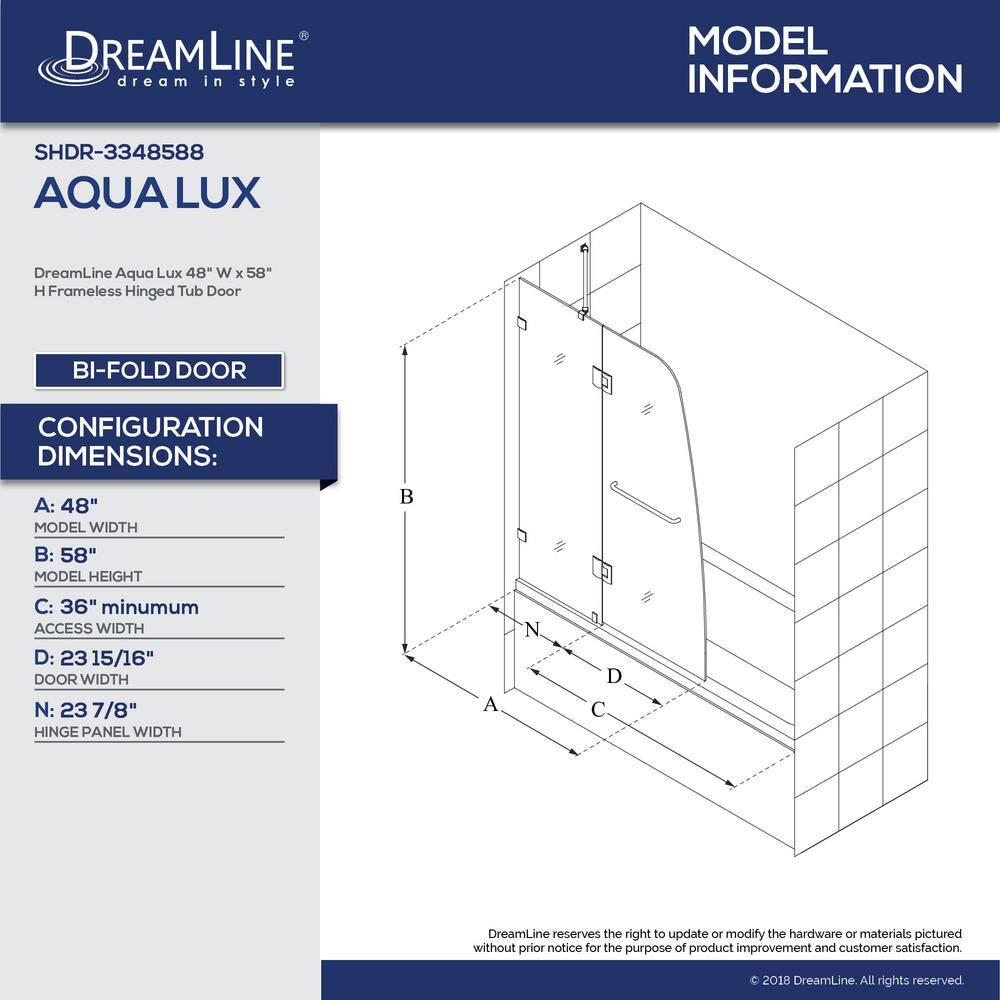 DreamLine Aqua Lux 48 in. x 58 in. Frameless Hinged Tub Door in Chrome SHDR-3348588-01