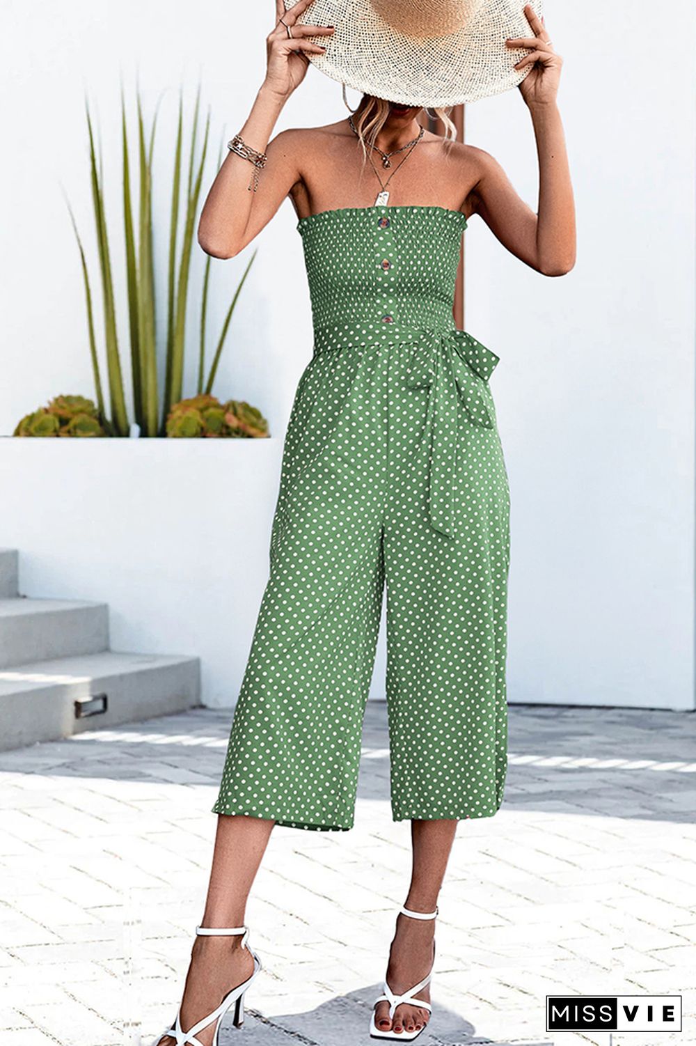 Polka Dot Off Shoulder Button Tie Waist Jumpsuit