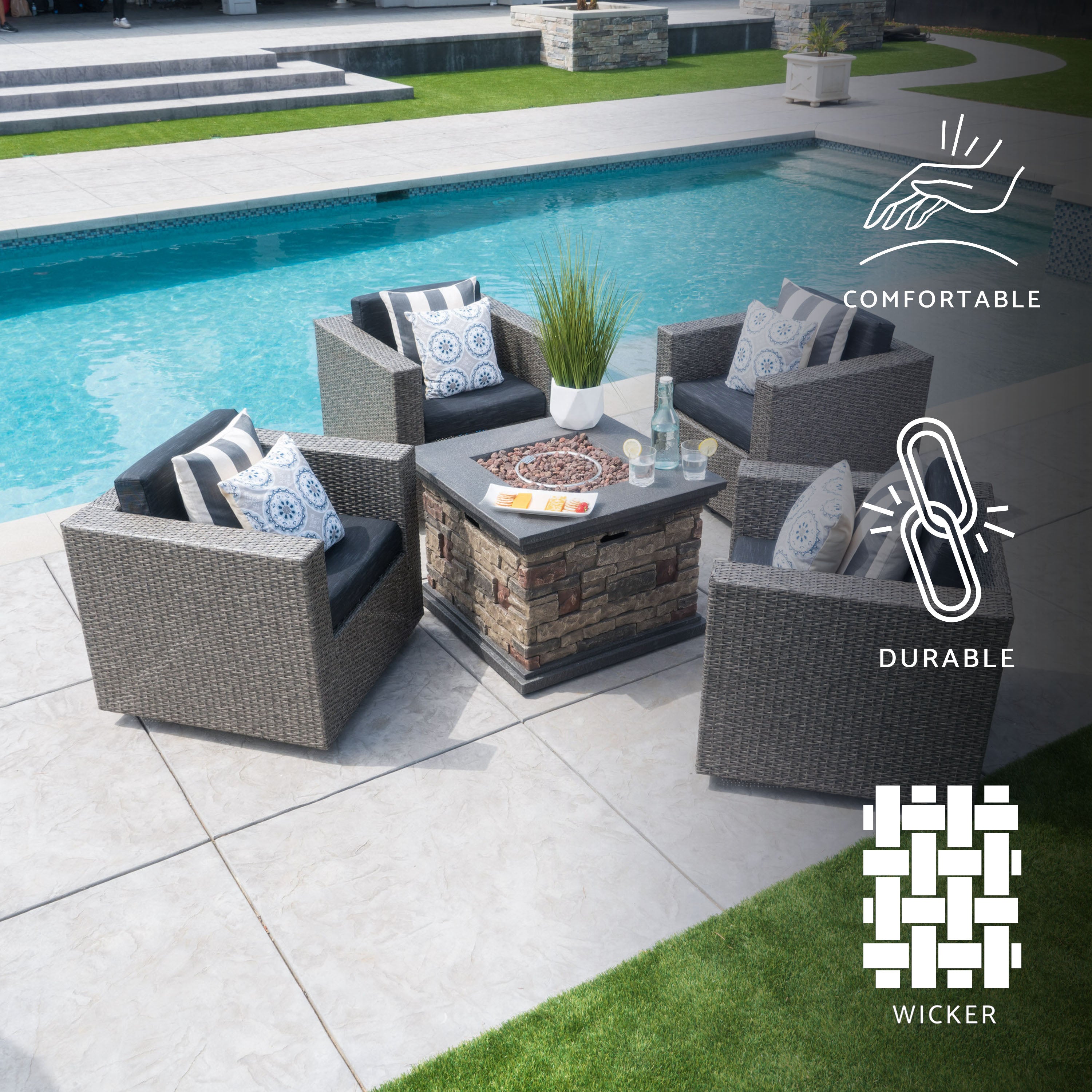 Venice Outdoor 5 Piece Chat Set with Mixed Black Wicker Chairs and Fire Pit