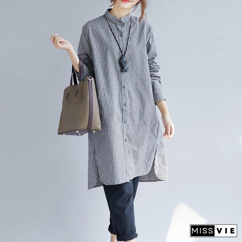 stylish gray striped cotton linen shirt dress trendy plus size shirt dress boutique long sleeve pockets Turn-down Collar patchwork natural cotton linen shirt dress