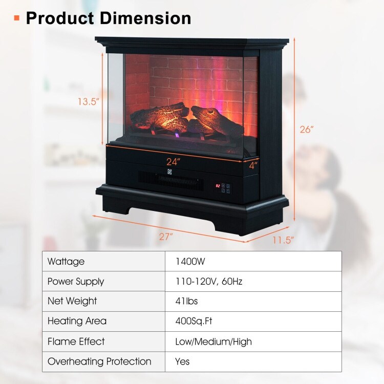 27 Inch Freestanding Electric Fireplace with 3 Level Vivid Flame Thermostat   27\