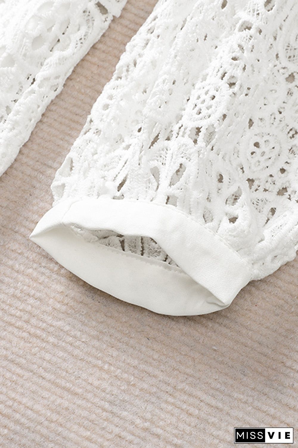 Beige Lace Contrast Hollow-Out Long Sleeve Blouse