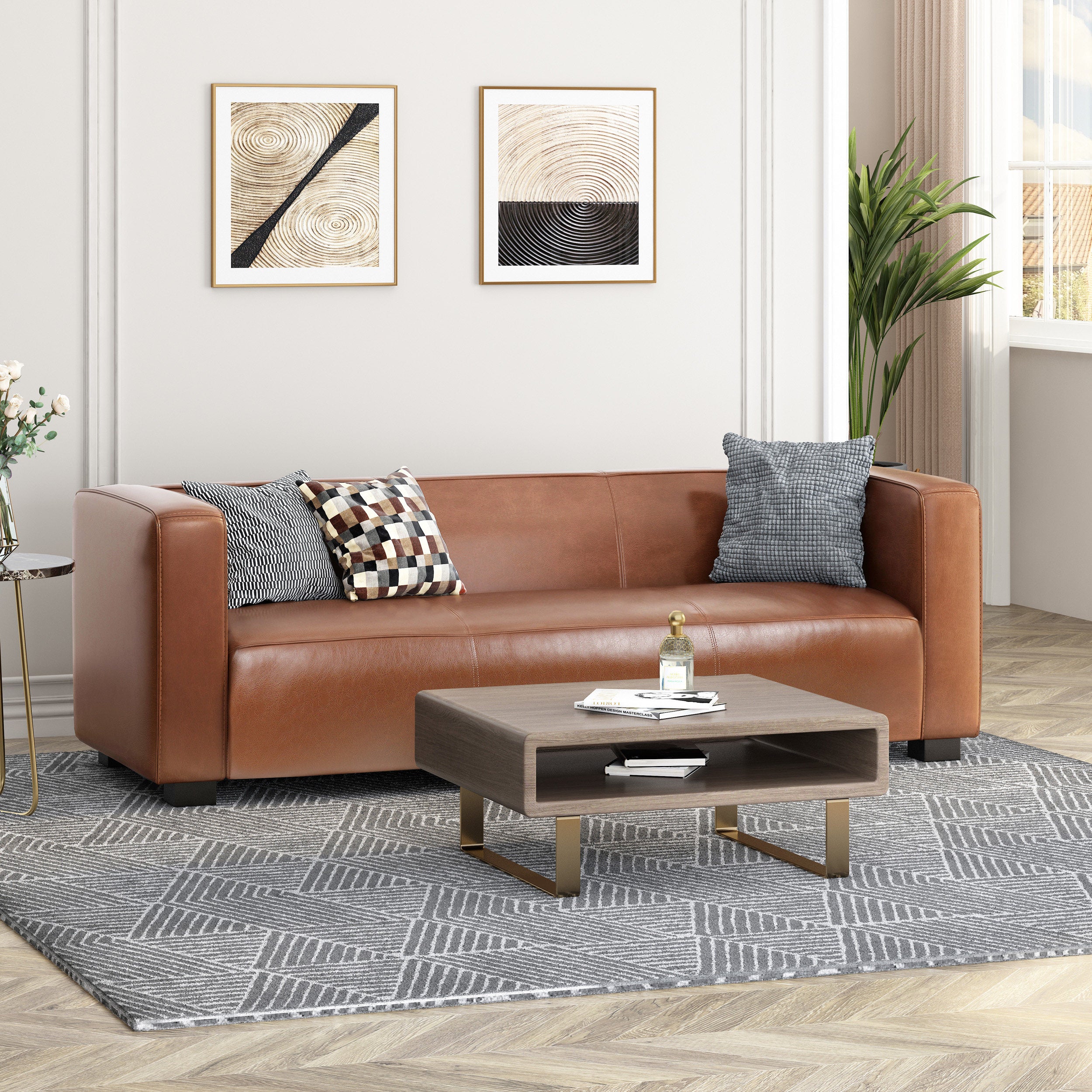 Minkler Contemporary Faux Leather 3 Seater Sofa