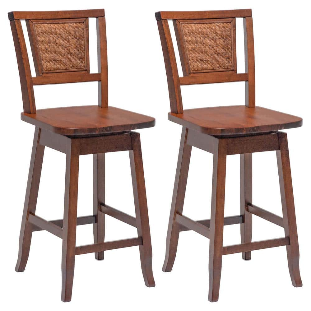 Costway 39 in. Brown Wood Low Back Swivel Bar Stool Rubber Wood Pub Chairs w/Rattan Back Set of 2 JV10645-24