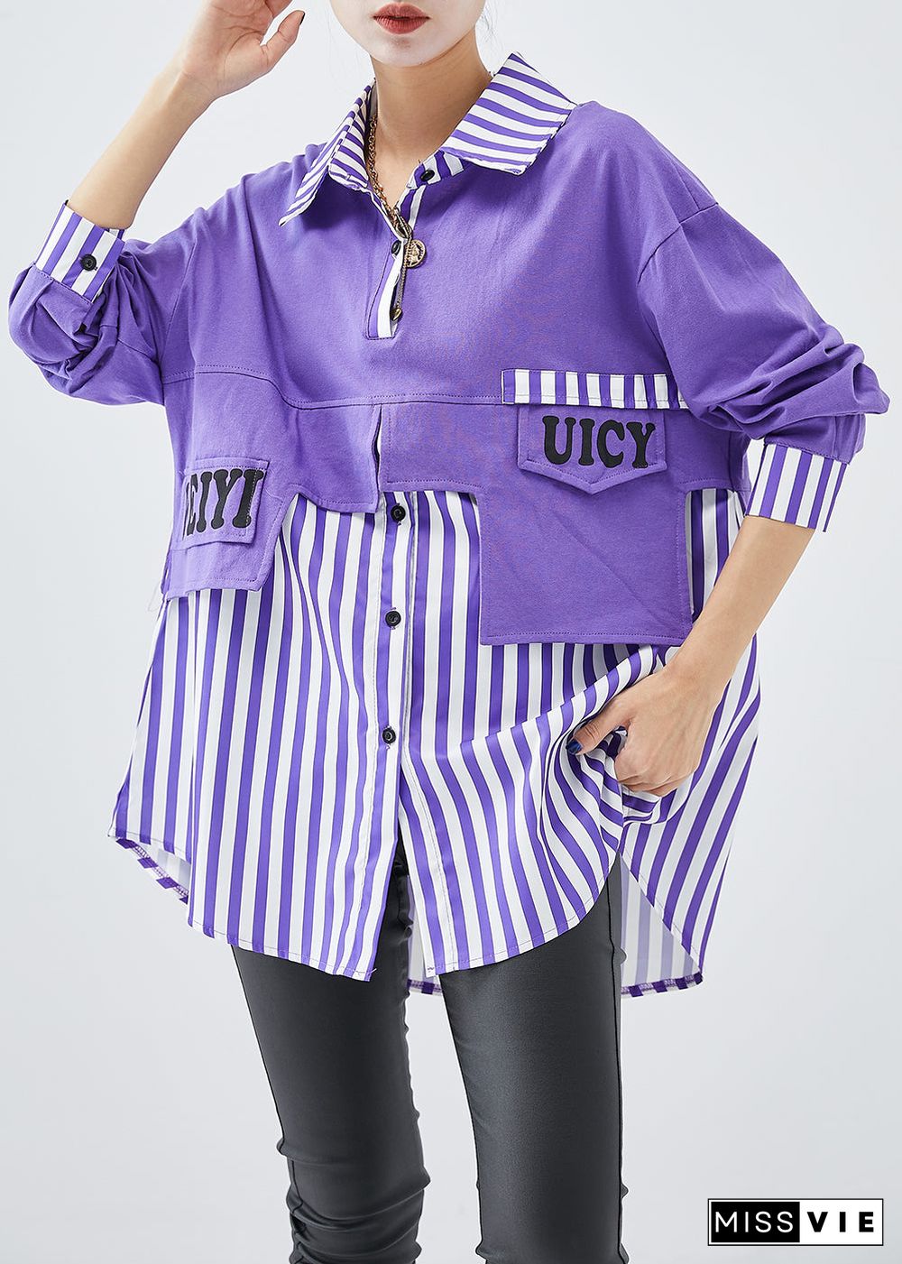 French Purple Oversized Patchwork Striped Cotton Sweatshirt Fall