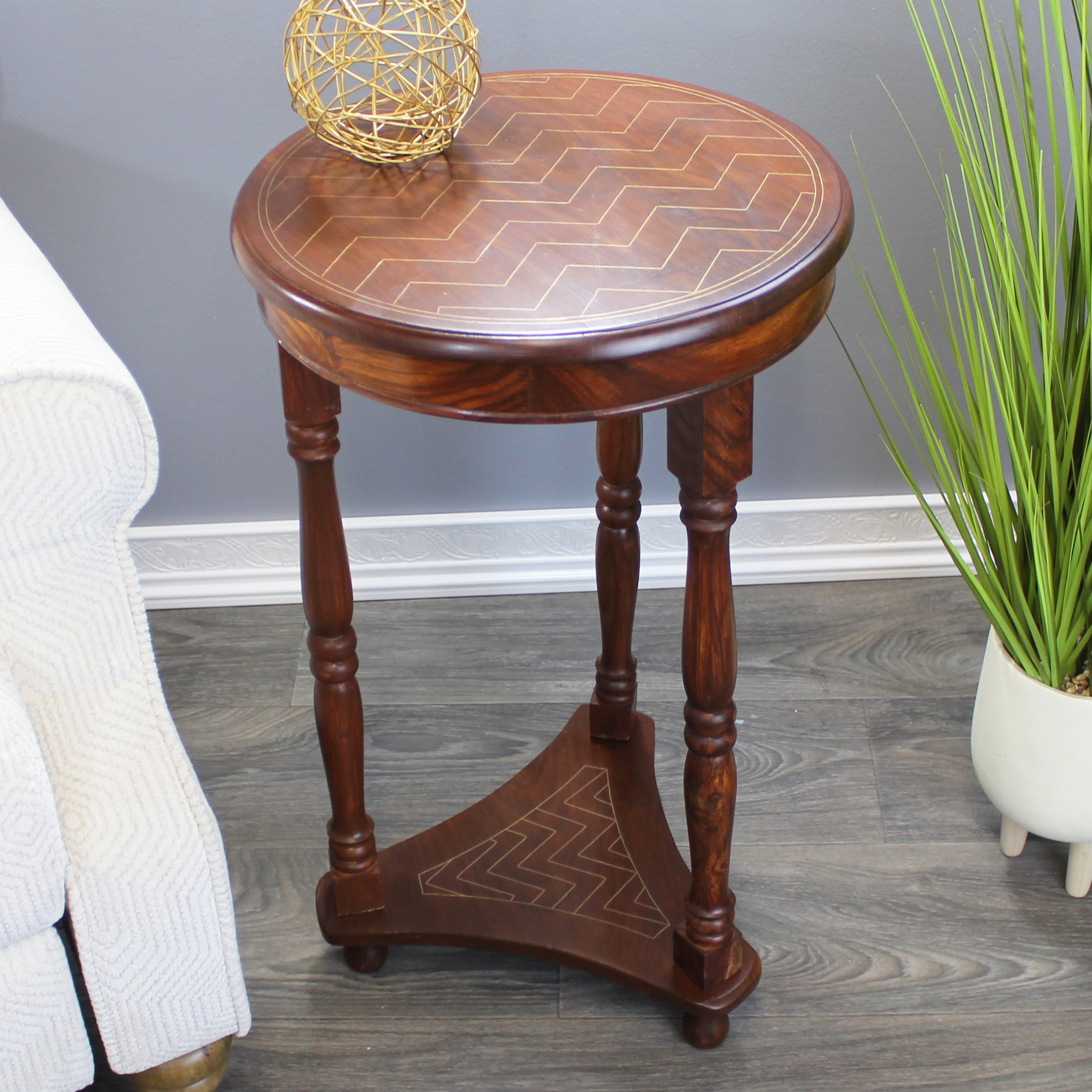 Natural Geo Rosewood Round Accent Table - Chevron Golden Brass Inlay