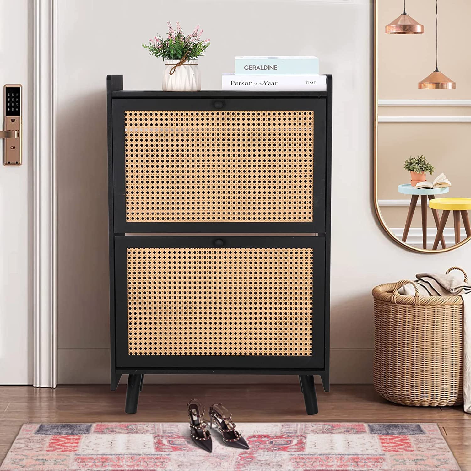 Shoe Storage Cabinet for Entryway Slim， 2 Flip Drawers Rattan Shoe Organizer， Black Entryway Shoe Storage Organizer， Woodeen Shoe Rack for Door， Free Standing Shoe Racks for Entryway