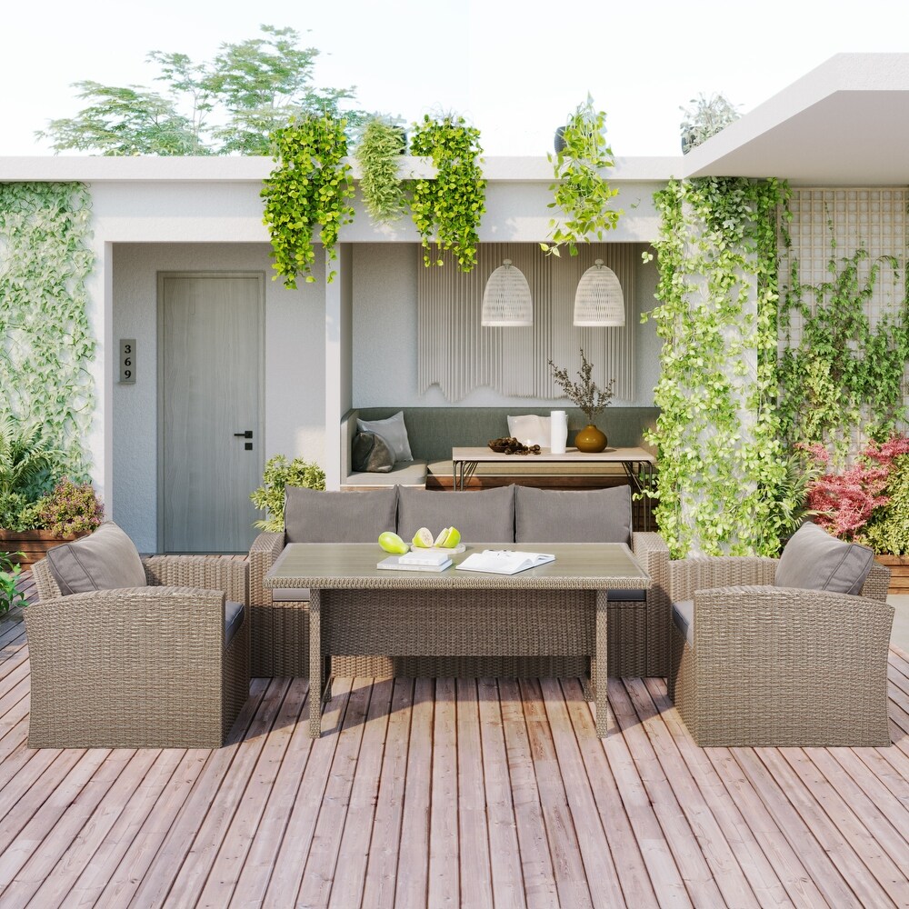 4 Piece Outdoor Patio Furniture Set  PE Rattan Wicker Sofa Set Conversation Set with Soft Seat Cushions and Center Table