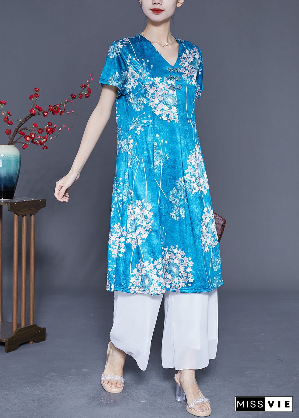 Lake Blue Print Silk A Line Dress Chinese Button Summer