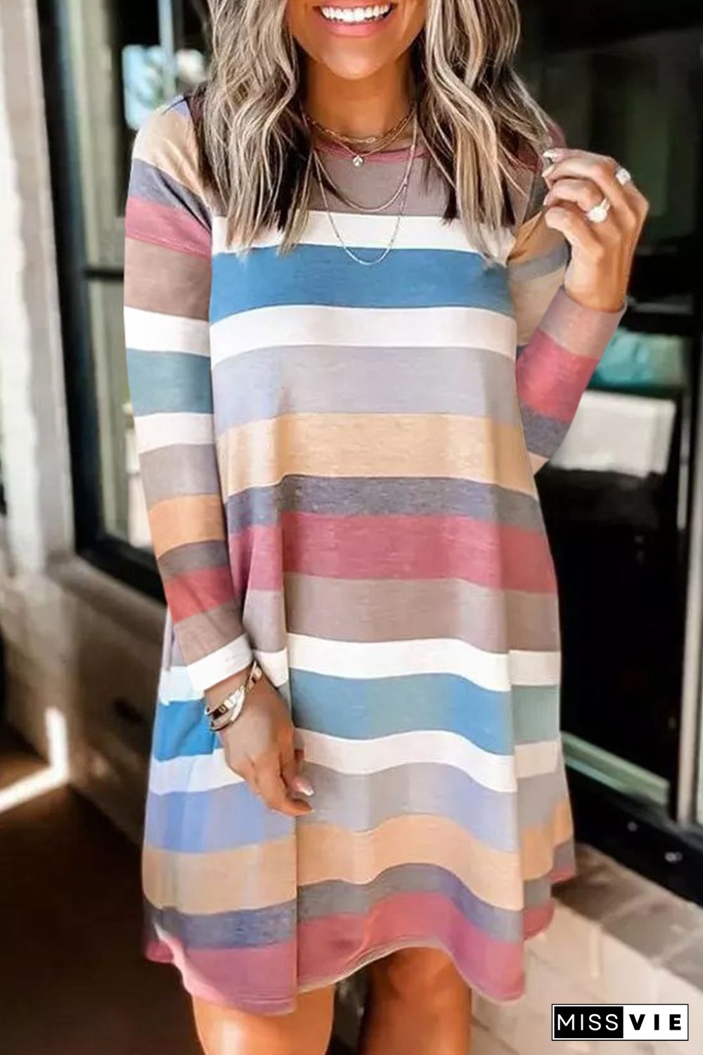 Rainbow Long Sleeve Stripes Mini Dress