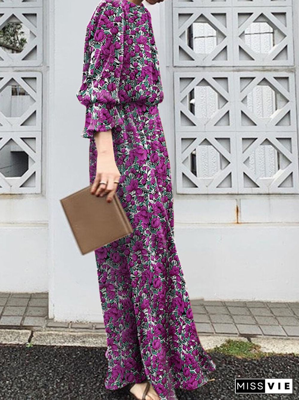 Floral Print Slit Long Bell Sleeve Crew Neck Maxi Dress