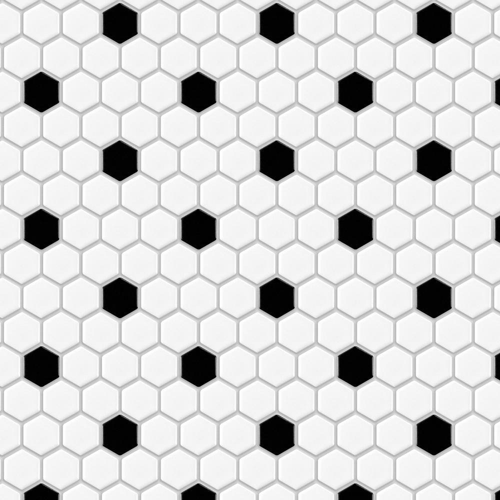 Merola Tile Metro Hex Matte White with Black Dot 10-14 in. x 11-78 in. Porcelain Mosaic (8.6 sq. ft.Case) FDXMHMWD