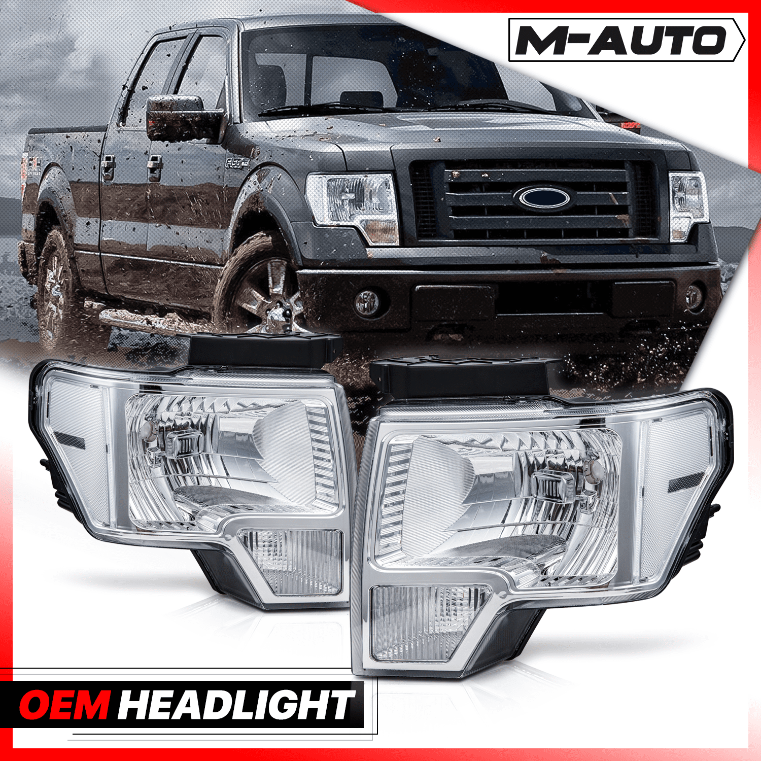 M-AUTO Pair Headlight Lamp Assembly for 2009 2010 2011 2012 2013 2014 Ford F-150 Pickup， Chrome Housing Clear Lens Clear Corner