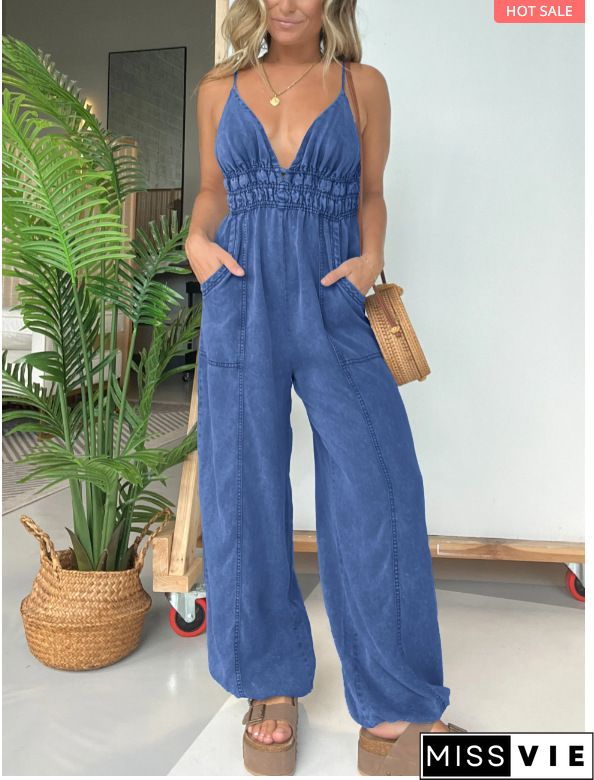 Striped Adjustable Shoulder Strap Loose Jumpsuit With Pocket