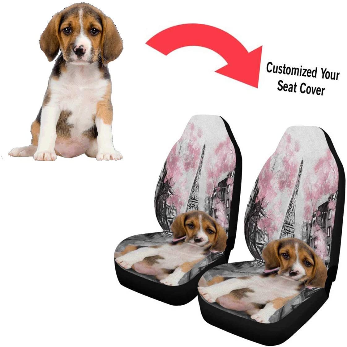 FMSHPON Set of 2 Car Seat Covers New Universal Fit Custom Add Your Love Pet with Eiffel Tower Universal Auto Front Seats Protector Fits for Car，SUV Sedan，Truck