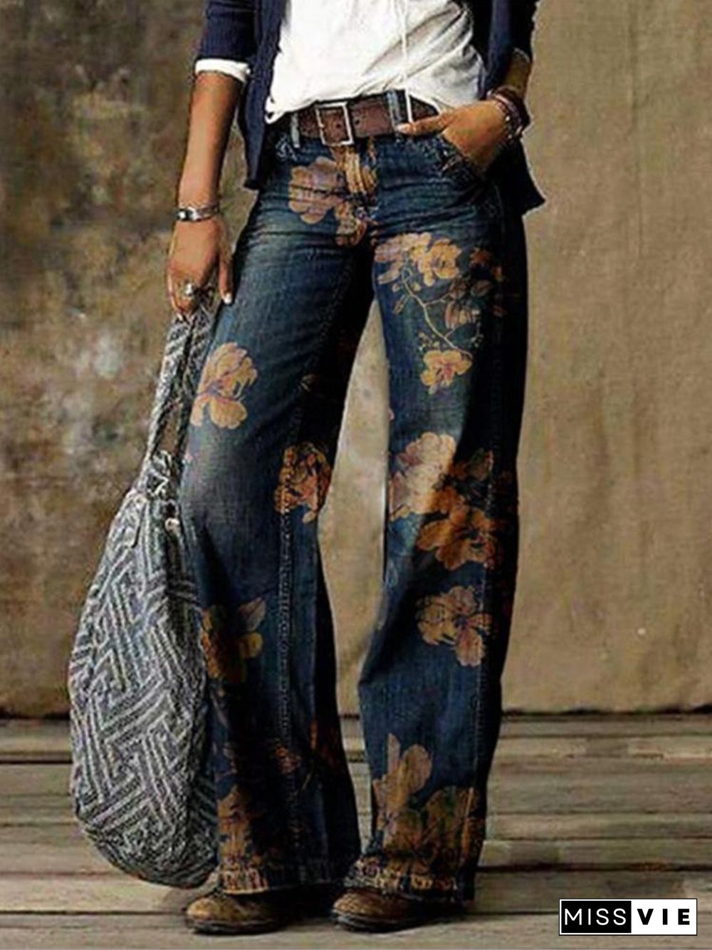 Casual Plus Size Printed Wide-leg Jeans