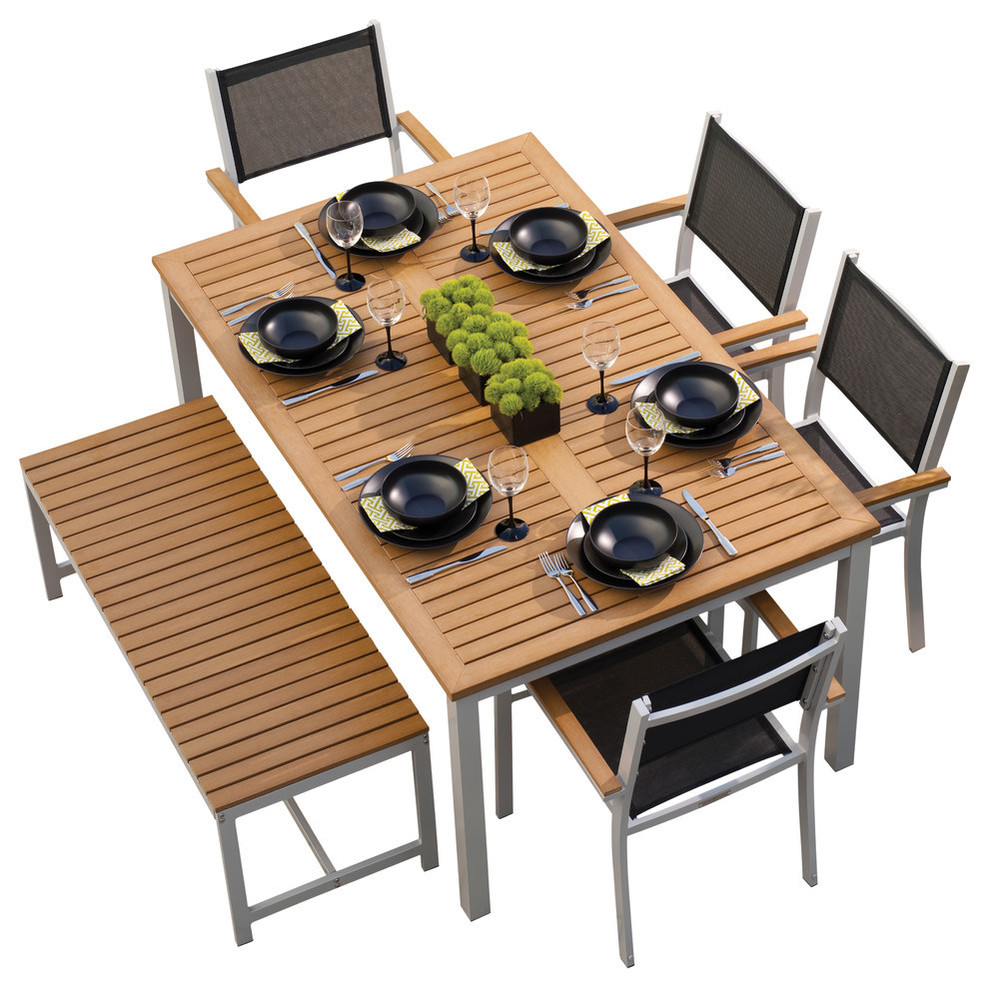 Travira  6 Piece Dining Set With Natural Tekwood and Resin Wicker   Contemporary   Outdoor Dining Sets   by Oxford Garden  Houzz