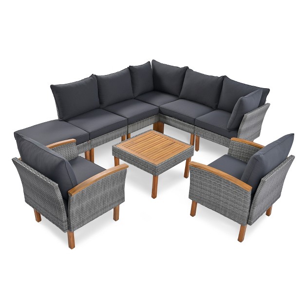 9 Pcs Outdoor Rattan Conversation Set Patio Sofa Set Seating Group With Coffee Table And Washable Cushion Gray modernluxe