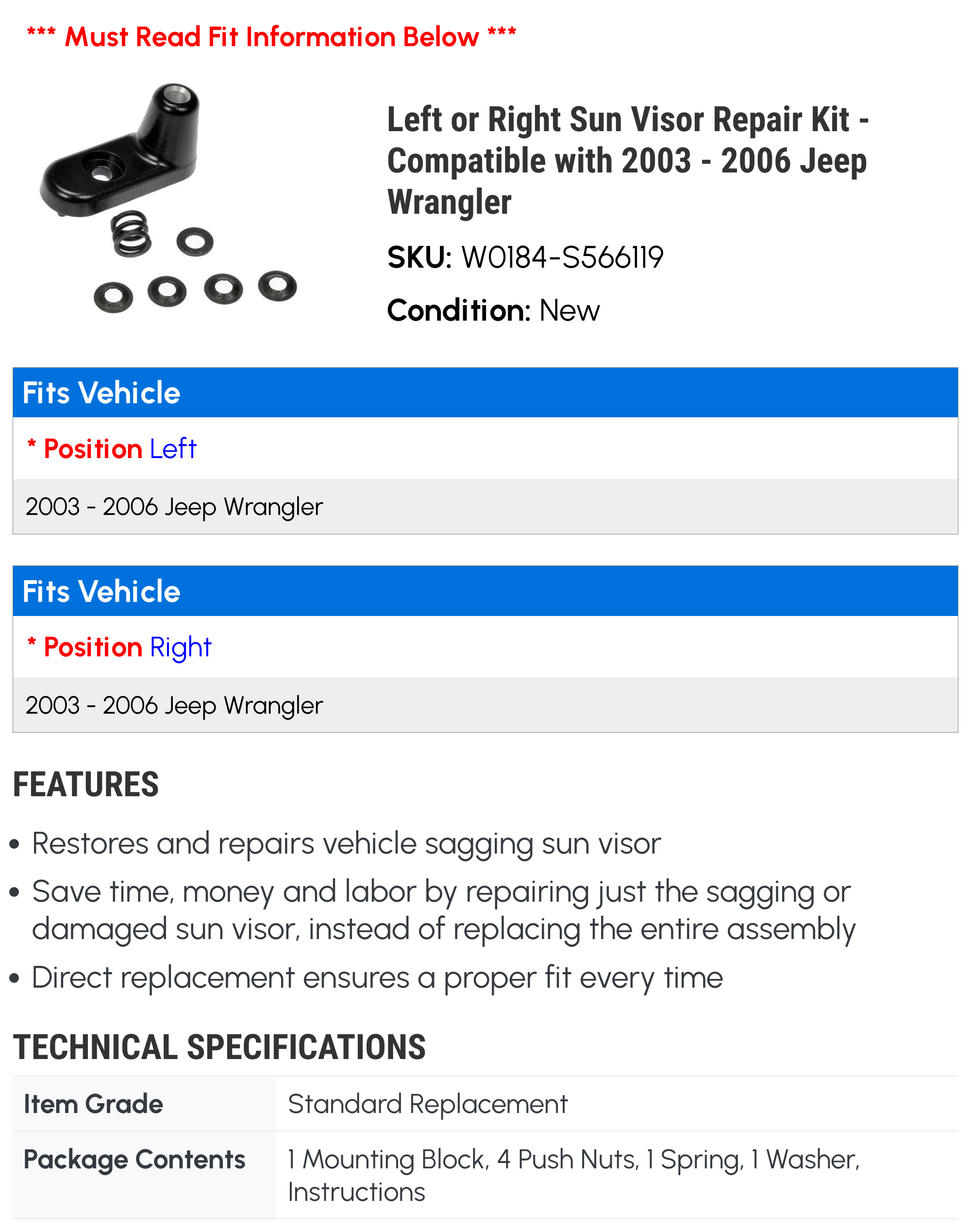 Left or Right Sun Visor Repair Kit - Compatible with 2003 - 2006 Jeep Wrangler 2004 2005