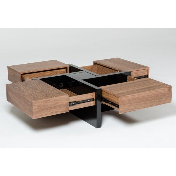 Modern Walnut and Black Square Coffee Table with Storage - 39' x 39' x 16'