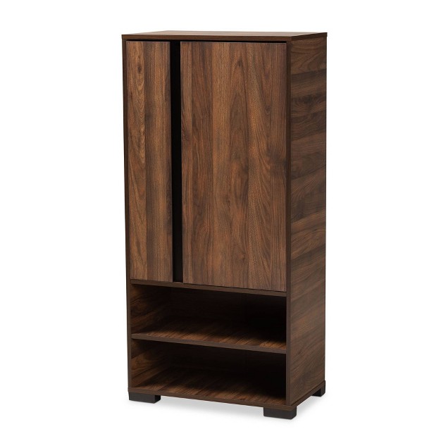 Raina Two tone Wood 2 Door Shoe Storage Cabinet Walnut Brown black Baxton Studio