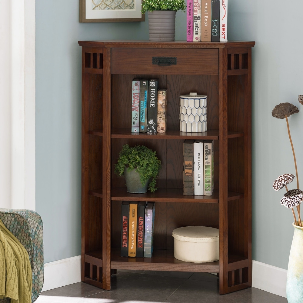 Leick Home Mission Mantel Height Corner Bookcase with Drawer Storage