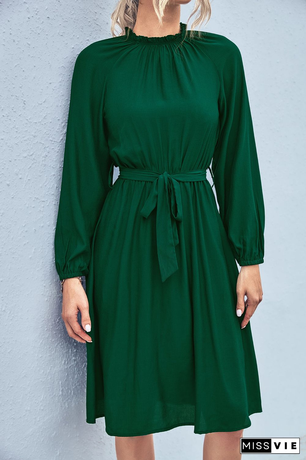 Plain Ruffle Neck Raglan Sleeves High Waist Midi Dress