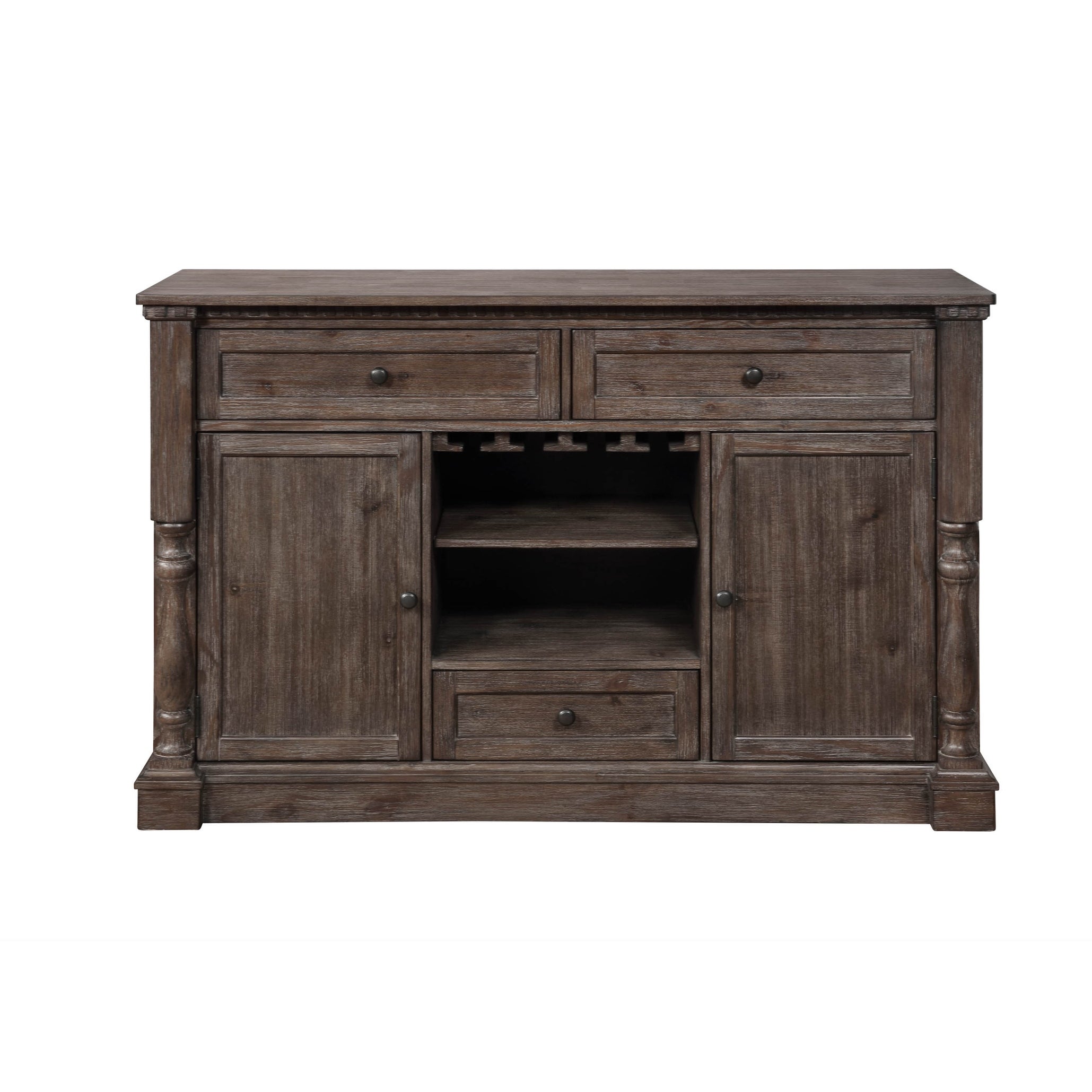 3 Drawers Wooden Server with 2 Cabinets and Open Compartment， Brown