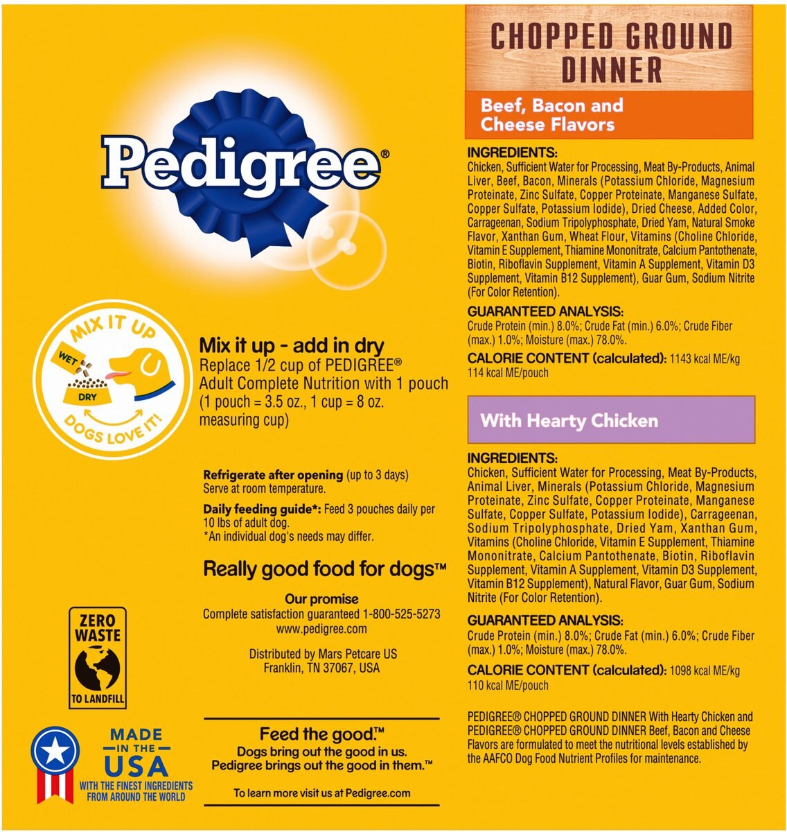 Pedigree Chopped Dinner Variety Pack Adult Wet Dog Food， 3.5-oz pouch， case of 8