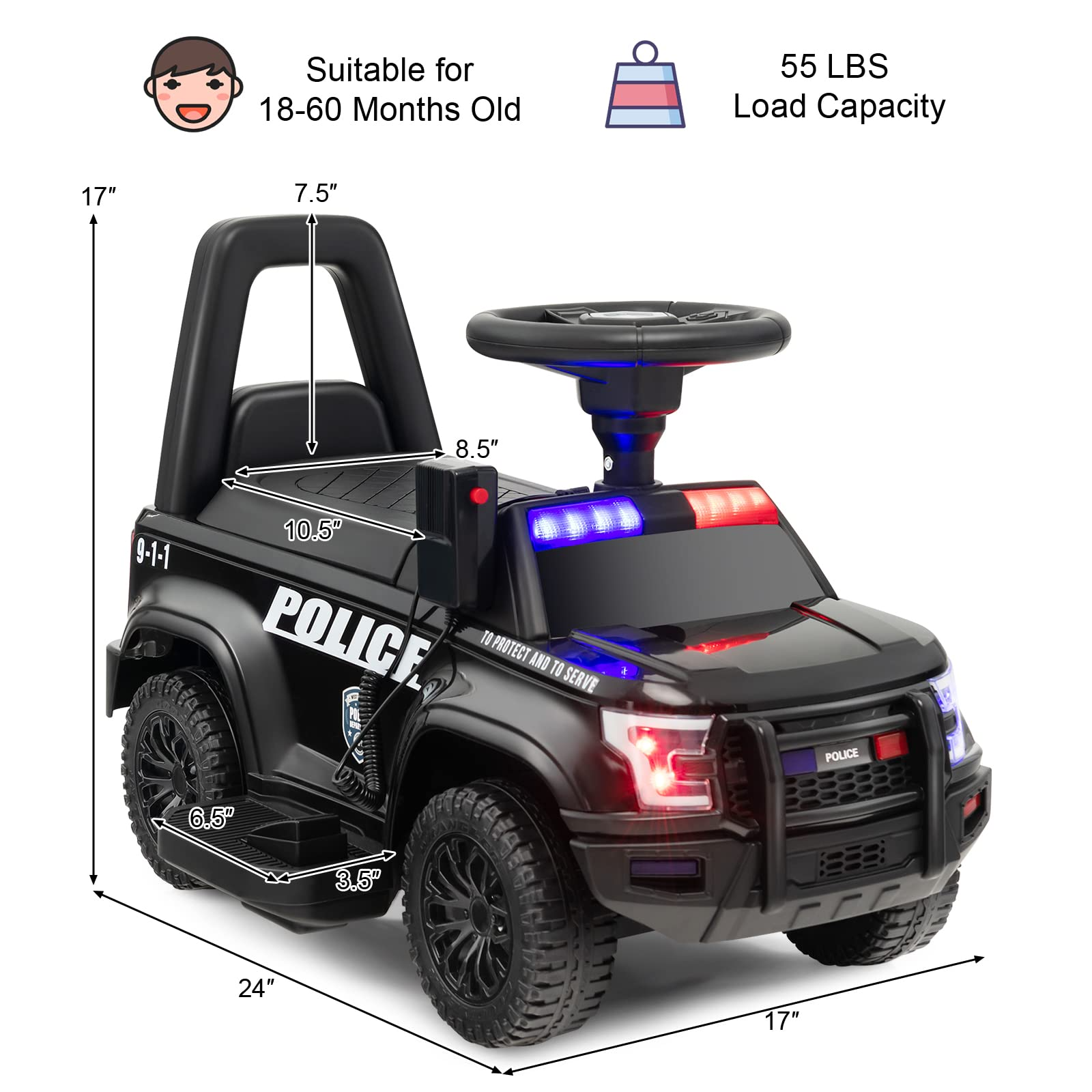 Costzon Ride on Car, 6V Battery Powered Police Car with Side Megaphone, Horn