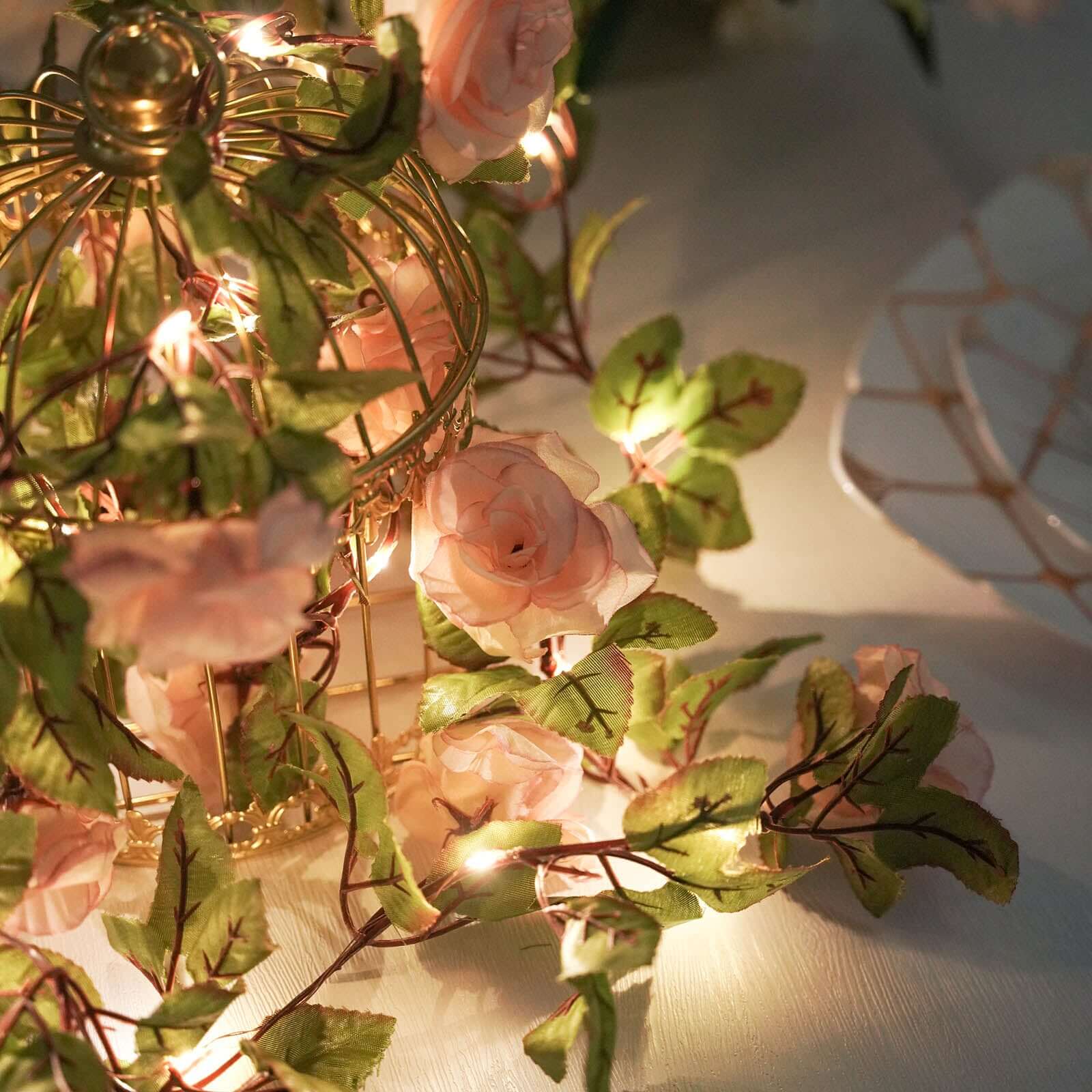 20 LED Blush Silk Rose Flower Garland Vine String Lights, Warm White Battery Operated 7ft