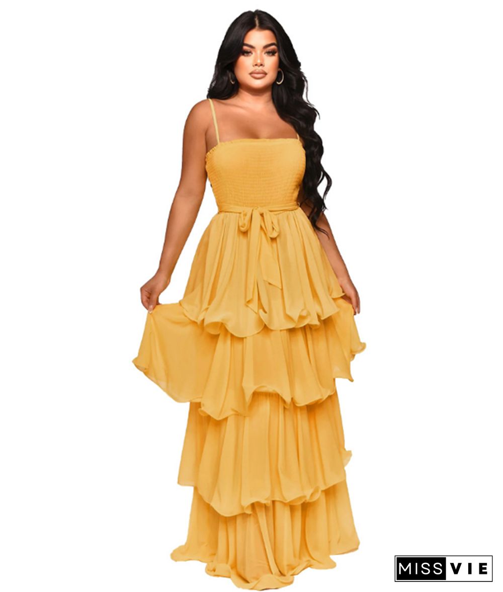 Pre-sale Solid Color Chiffon Layer Ruffle Maxi Dresses