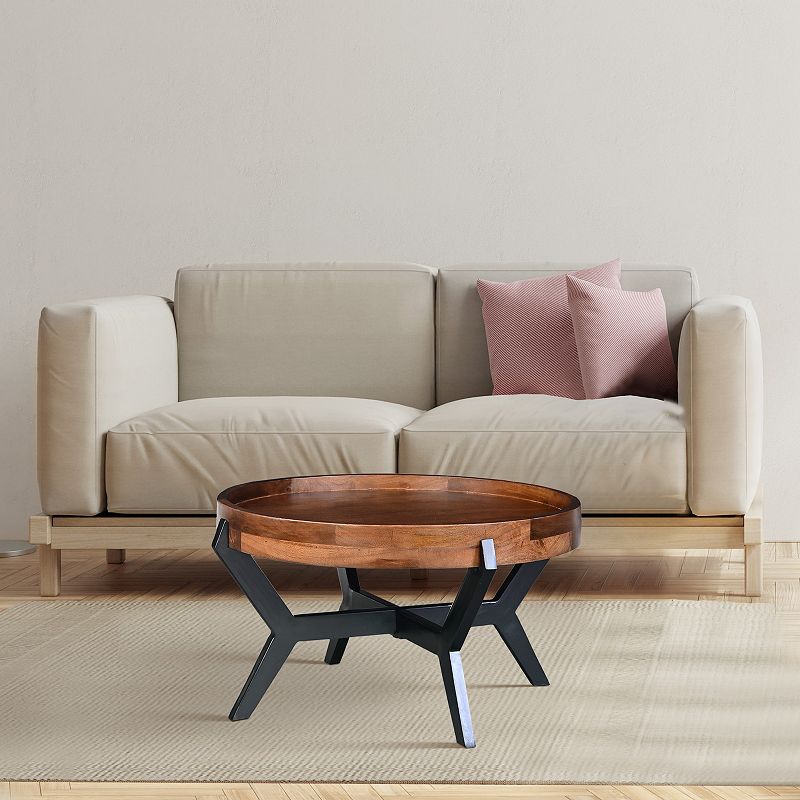 30 Inch Industrial Round Acacia Wood Tray Coffee Table with Flared Metal Legs， Brown and Black