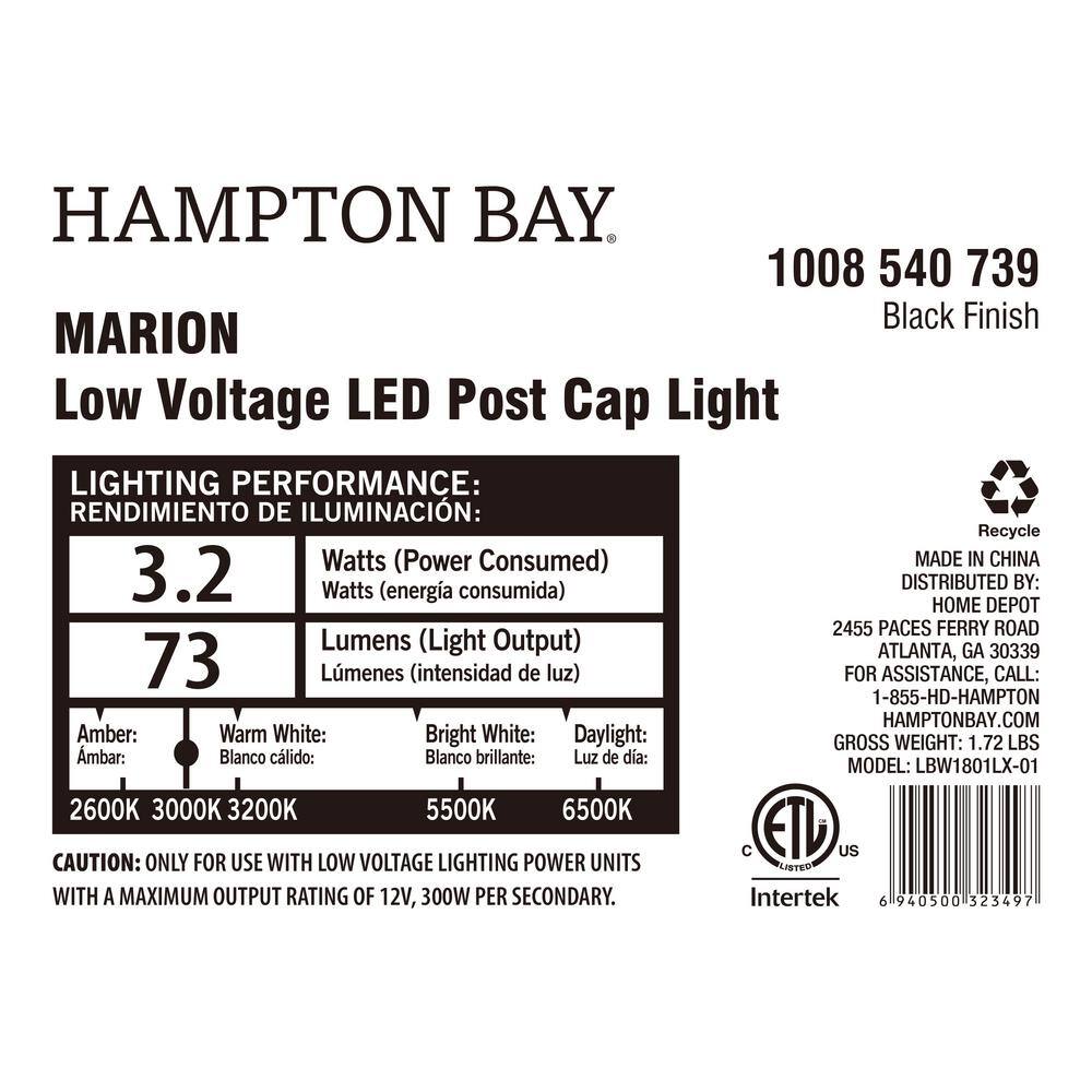 Hampton Bay Marion Black Low Voltage LED Post Cap Light with Seeded Glass LBW1801LX-01