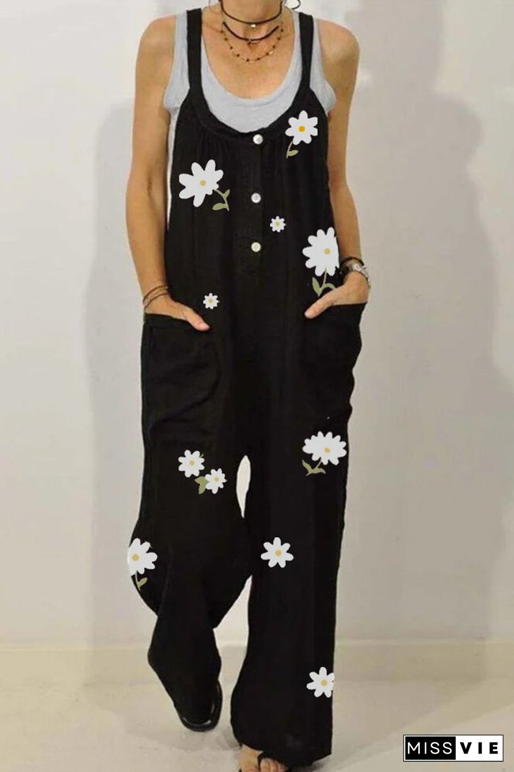 Flower Printed Plus Size Pocket Button Jumpsuit