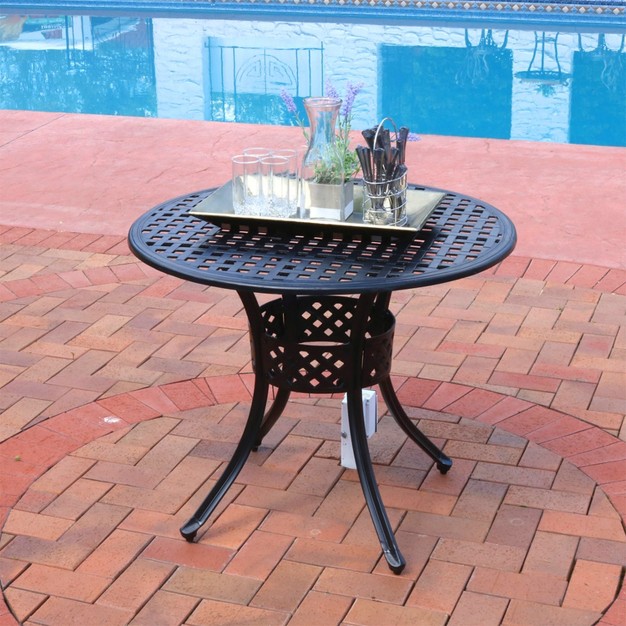 Sunnydaze Round Lattice Design Cast Aluminum Outdoor Patio Table With Umbrella Hole Black