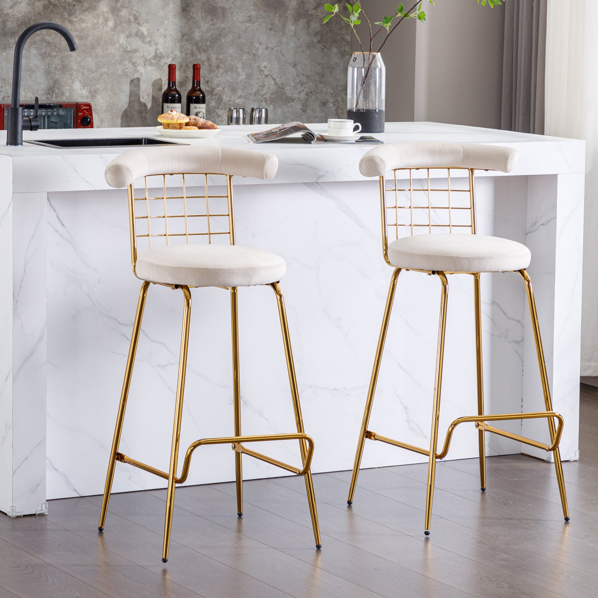 2Pcs Velvet Upholstered Bar Stools with Metal Legs and Soft Back