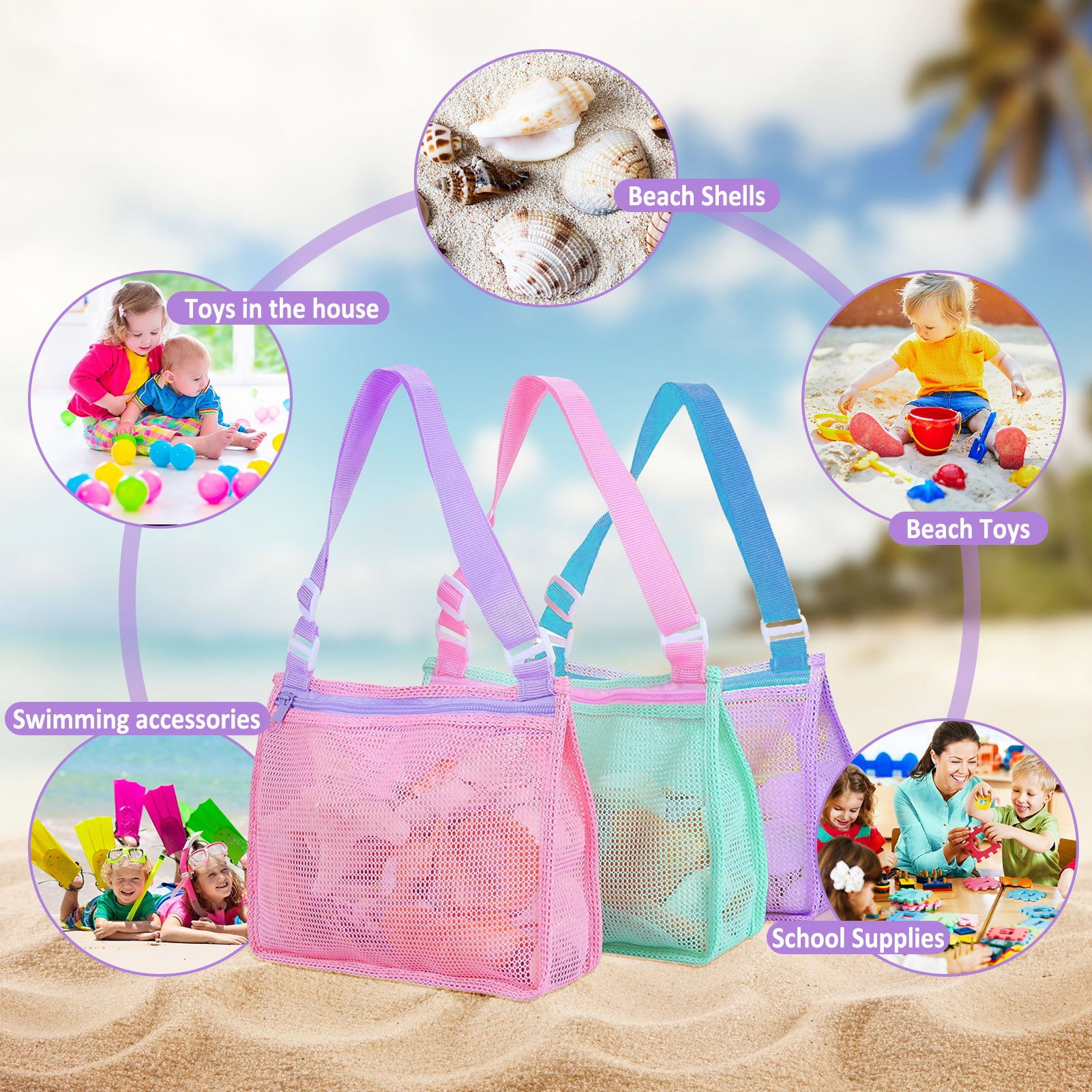 Angela & Alex Beach Toy Mesh Beach Bag Kids Shell Collecting Bag Beach Sand Toy Seashell Bag Mesh Pool Bag Beach Toys Sand Toys Swimming Accessories for Boys and Girls(Only Bags,A Set of 3)