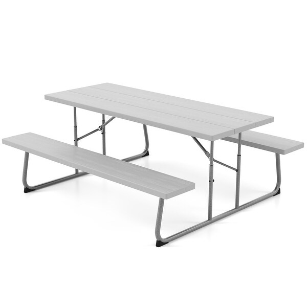 Folding Picnic Table Set with Metal Frame and AllWeather HDPE Tabletop，Umbrella Hole