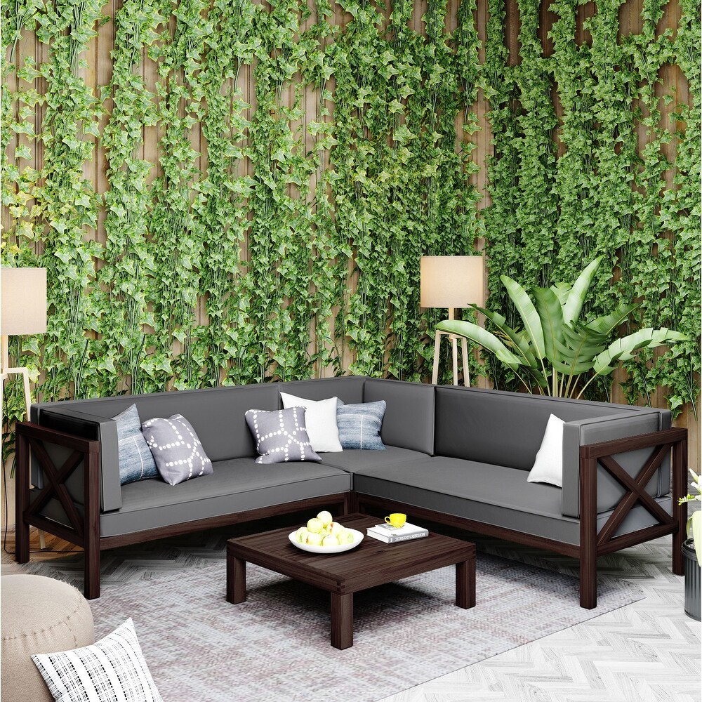 Outdoor Wood Patio Backyard 4 Piece Sectional Seating Group with Cushions and Table X Back Sofa Set for Small Places