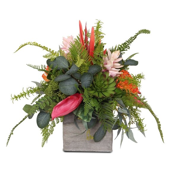 Assorted Tropical Flowers and Greens Silk Flower Arrangement in Pot