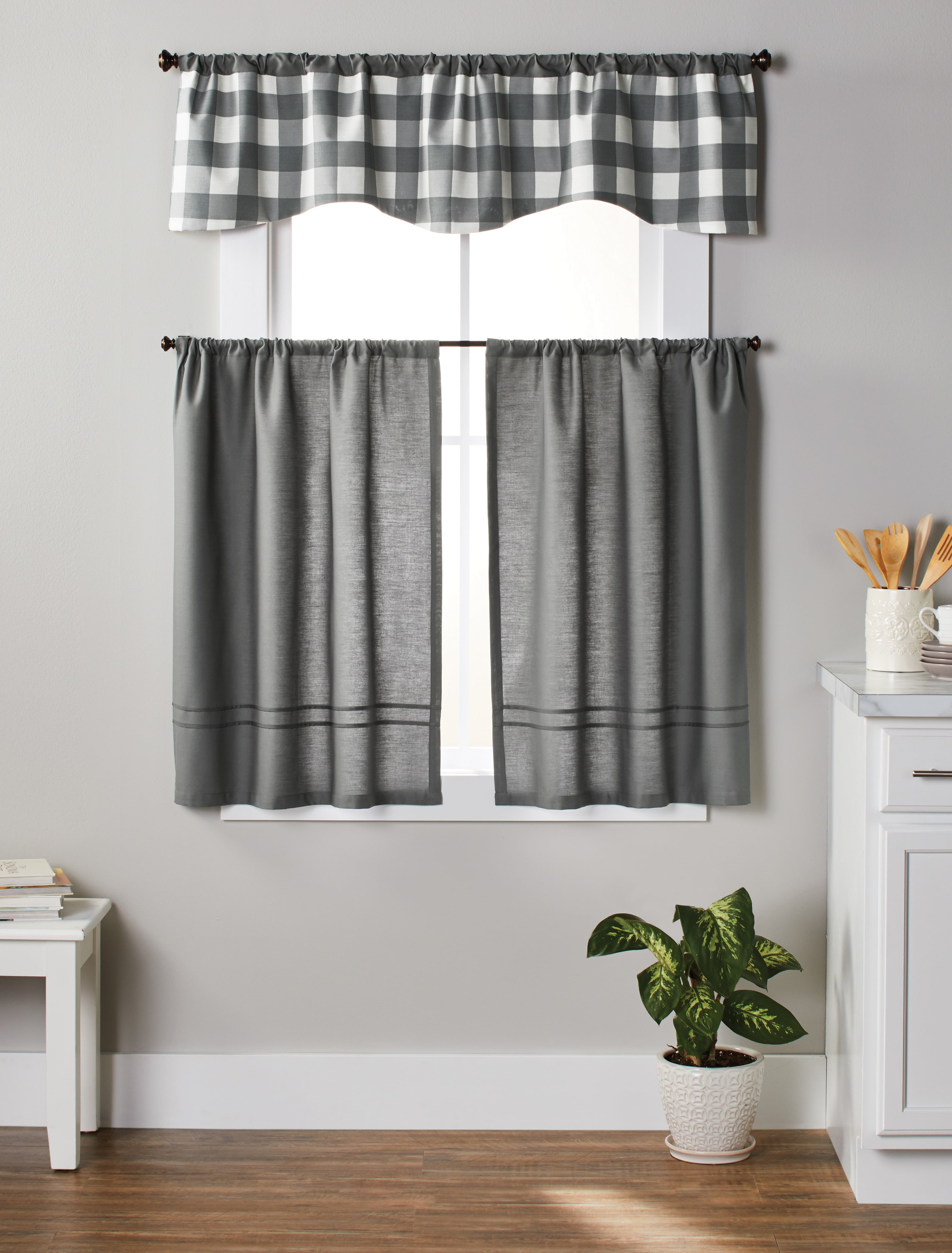 Better Homes & Gardens Checks N Solids Gingham Check Light Filtering Rod Pocket Kitchen Curtain Tier and Valance Set, 3 Piece, Gray, 60 x 36